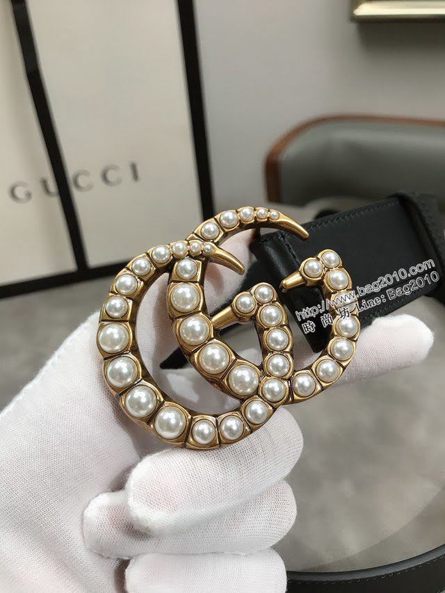 Gucci女士皮帶 古奇珍珠扣雙面牛皮腰帶  jjp1846